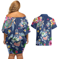 Hawaiian Turtles and Tropical Plants Couples Matching Off Shoulder Short Dress and Hawaiian Shirt Blue Watercolor LT03 - Polynesian Pride