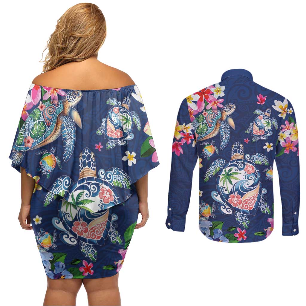 Hawaiian Turtles and Tropical Plants Couples Matching Off Shoulder Short Dress and Long Sleeve Button Shirt Blue Watercolor LT03 - Polynesian Pride