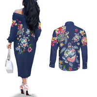 Hawaiian Turtles and Tropical Plants Couples Matching Off The Shoulder Long Sleeve Dress and Long Sleeve Button Shirt Blue Watercolor LT03 - Polynesian Pride
