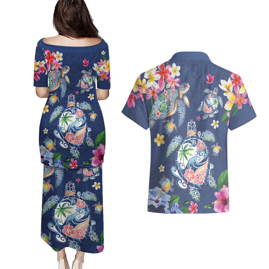 Hawaiian Turtles and Tropical Plants Couples Matching Puletasi and Hawaiian Shirt Blue Watercolor LT03 - Polynesian Pride