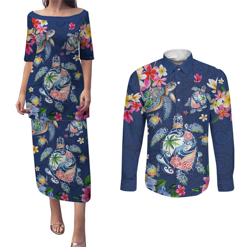 Hawaiian Turtles and Tropical Plants Couples Matching Puletasi and Long Sleeve Button Shirt Blue Watercolor LT03 Blue - Polynesian Pride