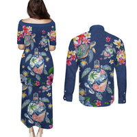 Hawaiian Turtles and Tropical Plants Couples Matching Puletasi and Long Sleeve Button Shirt Blue Watercolor LT03 - Polynesian Pride