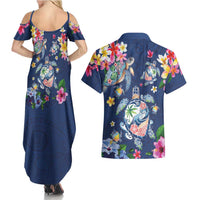 Hawaiian Turtles and Tropical Plants Couples Matching Summer Maxi Dress and Hawaiian Shirt Blue Watercolor LT03 - Polynesian Pride