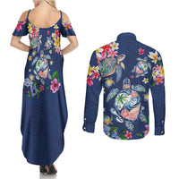 Hawaiian Turtles and Tropical Plants Couples Matching Summer Maxi Dress and Long Sleeve Button Shirt Blue Watercolor LT03 - Polynesian Pride