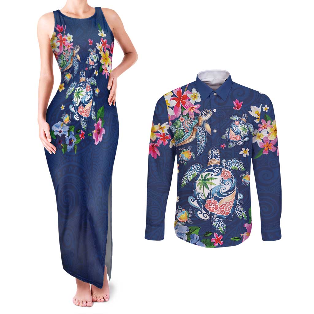 Hawaiian Turtles and Tropical Plants Couples Matching Tank Maxi Dress and Long Sleeve Button Shirt Blue Watercolor LT03 Blue - Polynesian Pride