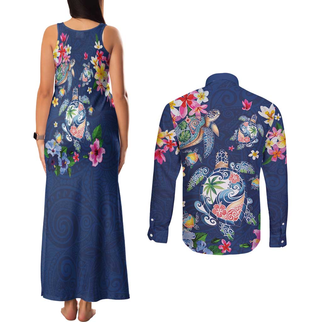 Hawaiian Turtles and Tropical Plants Couples Matching Tank Maxi Dress and Long Sleeve Button Shirt Blue Watercolor LT03 - Polynesian Pride