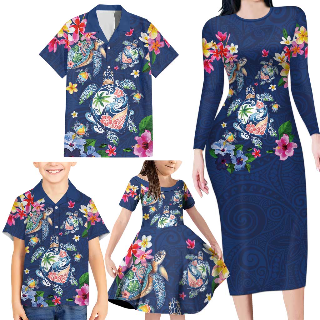 Hawaiian Turtles and Tropical Plants Family Matching Long Sleeve Bodycon Dress and Hawaiian Shirt Blue Watercolor