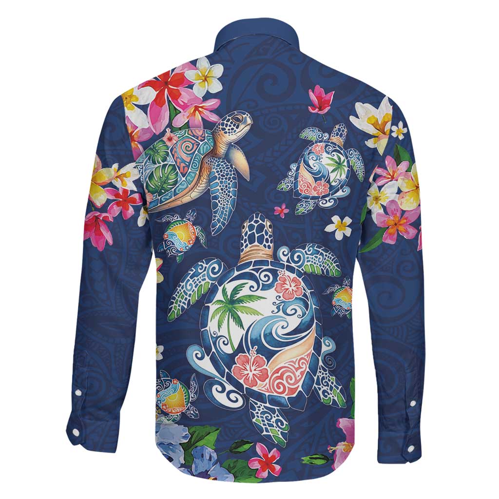 Hawaiian Turtles and Tropical Plants Family Matching Long Sleeve Bodycon Dress and Hawaiian Shirt Blue Watercolor LT03 - Polynesian Pride