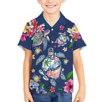 Hawaiian Turtles and Tropical Plants Family Matching Long Sleeve Bodycon Dress and Hawaiian Shirt Blue Watercolor LT03 Son's Shirt Blue - Polynesian Pride
