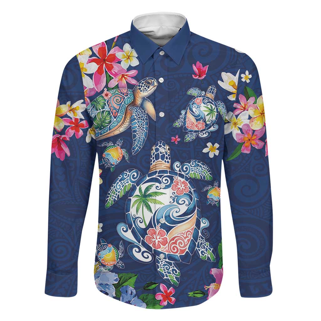 Hawaiian Turtles and Tropical Plants Family Matching Mermaid Dress and Hawaiian Shirt Blue Watercolor LT03 Dad's Shirt - Long Sleeve Blue - Polynesian Pride
