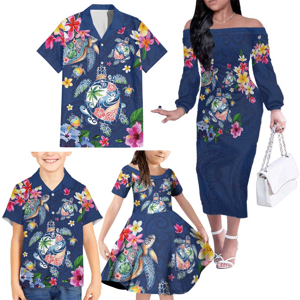 Hawaiian Turtles and Tropical Plants Family Matching Off The Shoulder Long Sleeve Dress and Hawaiian Shirt Blue Watercolor LT03 - Polynesian Pride
