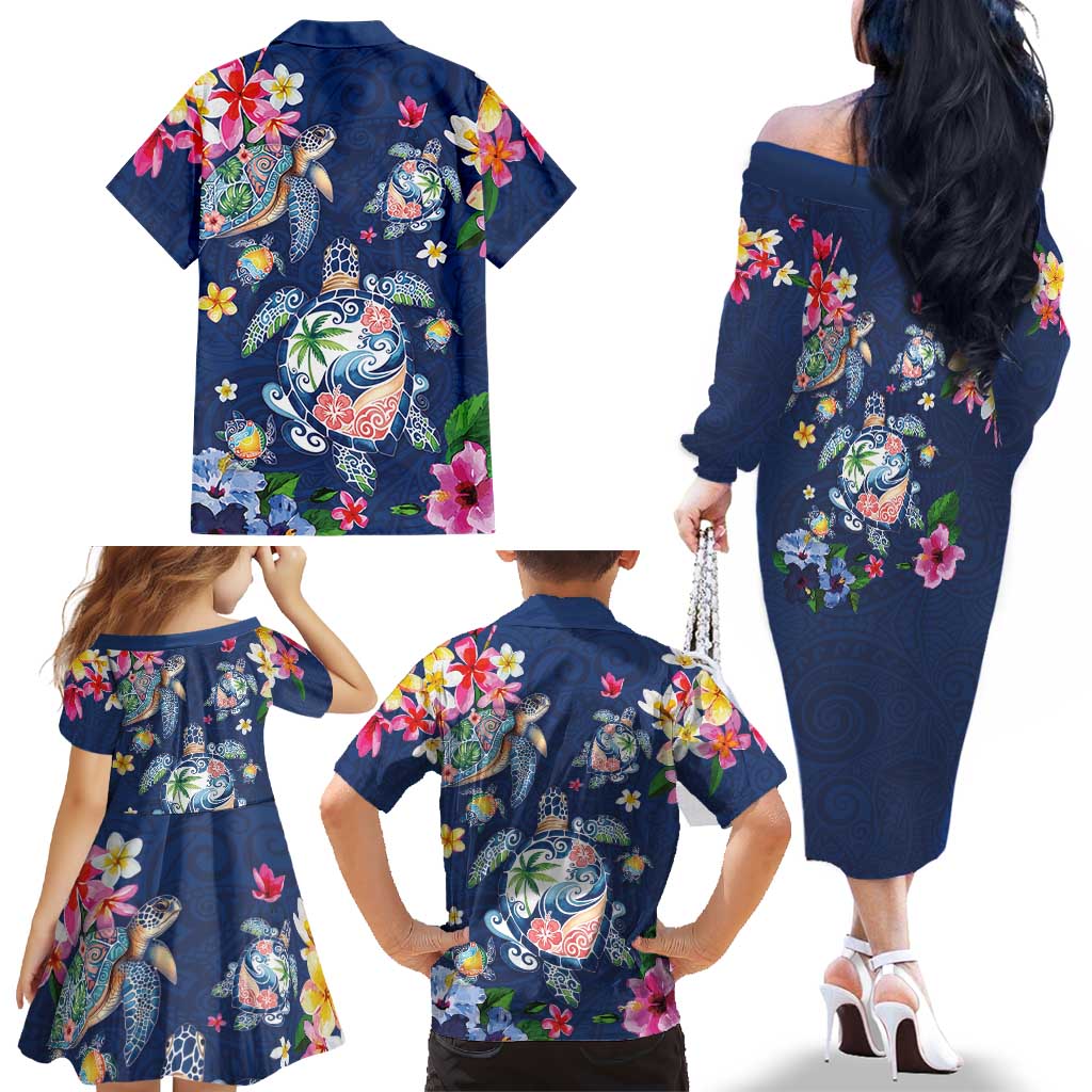 Hawaiian Turtles and Tropical Plants Family Matching Off The Shoulder Long Sleeve Dress and Hawaiian Shirt Blue Watercolor LT03 - Polynesian Pride