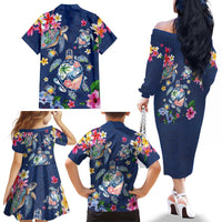 Hawaiian Turtles and Tropical Plants Family Matching Off The Shoulder Long Sleeve Dress and Hawaiian Shirt Blue Watercolor LT03 - Polynesian Pride