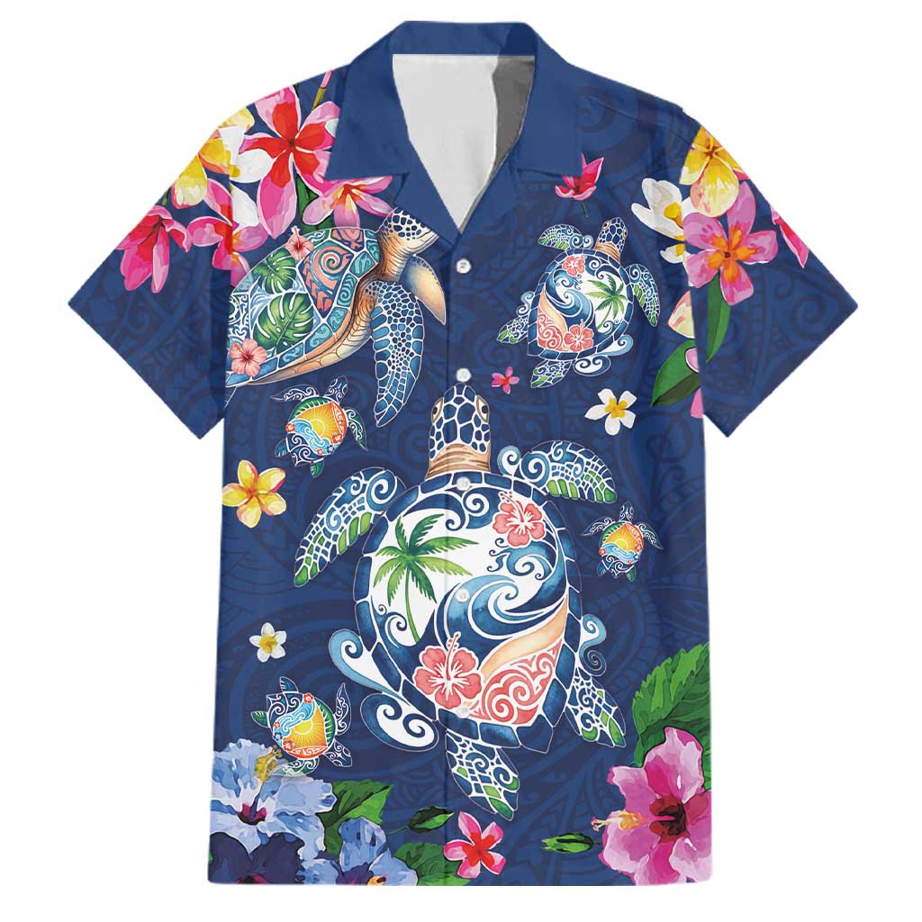 Hawaiian Turtles and Tropical Plants Family Matching Off Shoulder Short Dress and Hawaiian Shirt Blue Watercolor LT03 Dad's Shirt - Short Sleeve Blue - Polynesian Pride