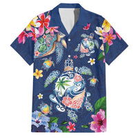 Hawaiian Turtles and Tropical Plants Family Matching Off Shoulder Short Dress and Hawaiian Shirt Blue Watercolor LT03 Dad's Shirt - Short Sleeve Blue - Polynesian Pride