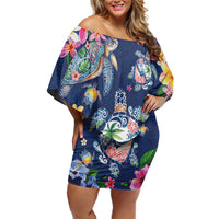Hawaiian Turtles and Tropical Plants Family Matching Off Shoulder Short Dress and Hawaiian Shirt Blue Watercolor LT03 Mom's Dress Blue - Polynesian Pride