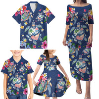 Hawaiian Turtles and Tropical Plants Family Matching Puletasi and Hawaiian Shirt Blue Watercolor