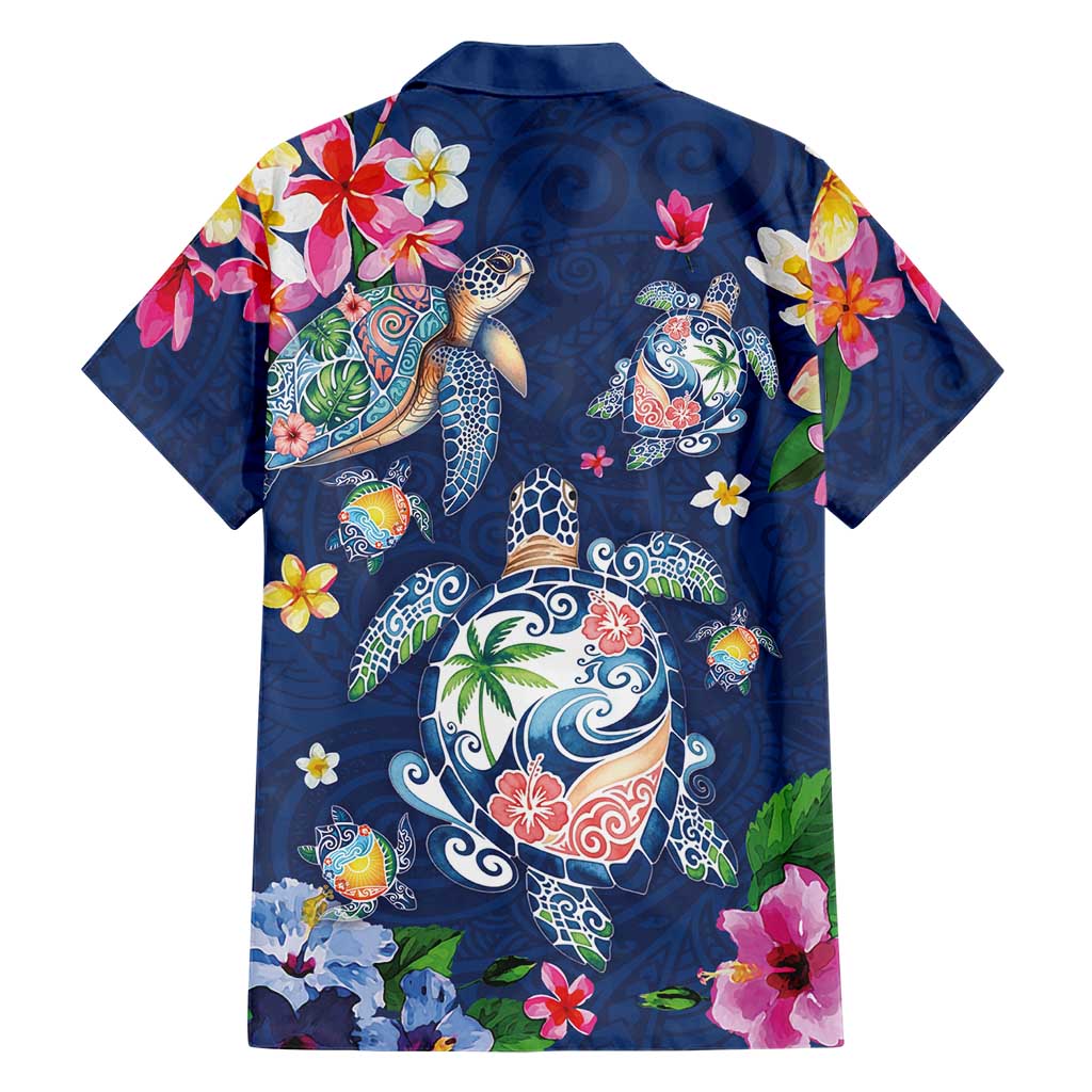 Hawaiian Turtles and Tropical Plants Family Matching Puletasi and Hawaiian Shirt Blue Watercolor