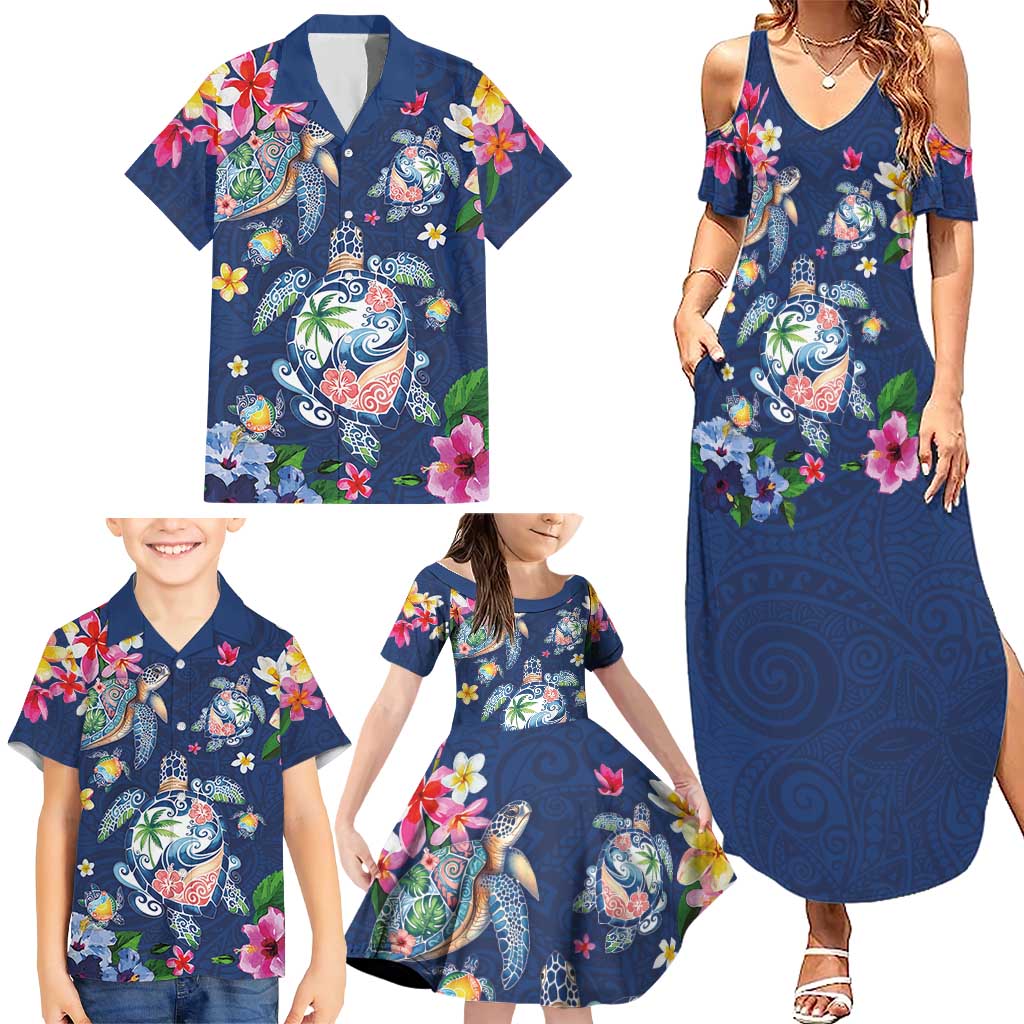Hawaiian Turtles and Tropical Plants Family Matching Summer Maxi Dress and Hawaiian Shirt Blue Watercolor