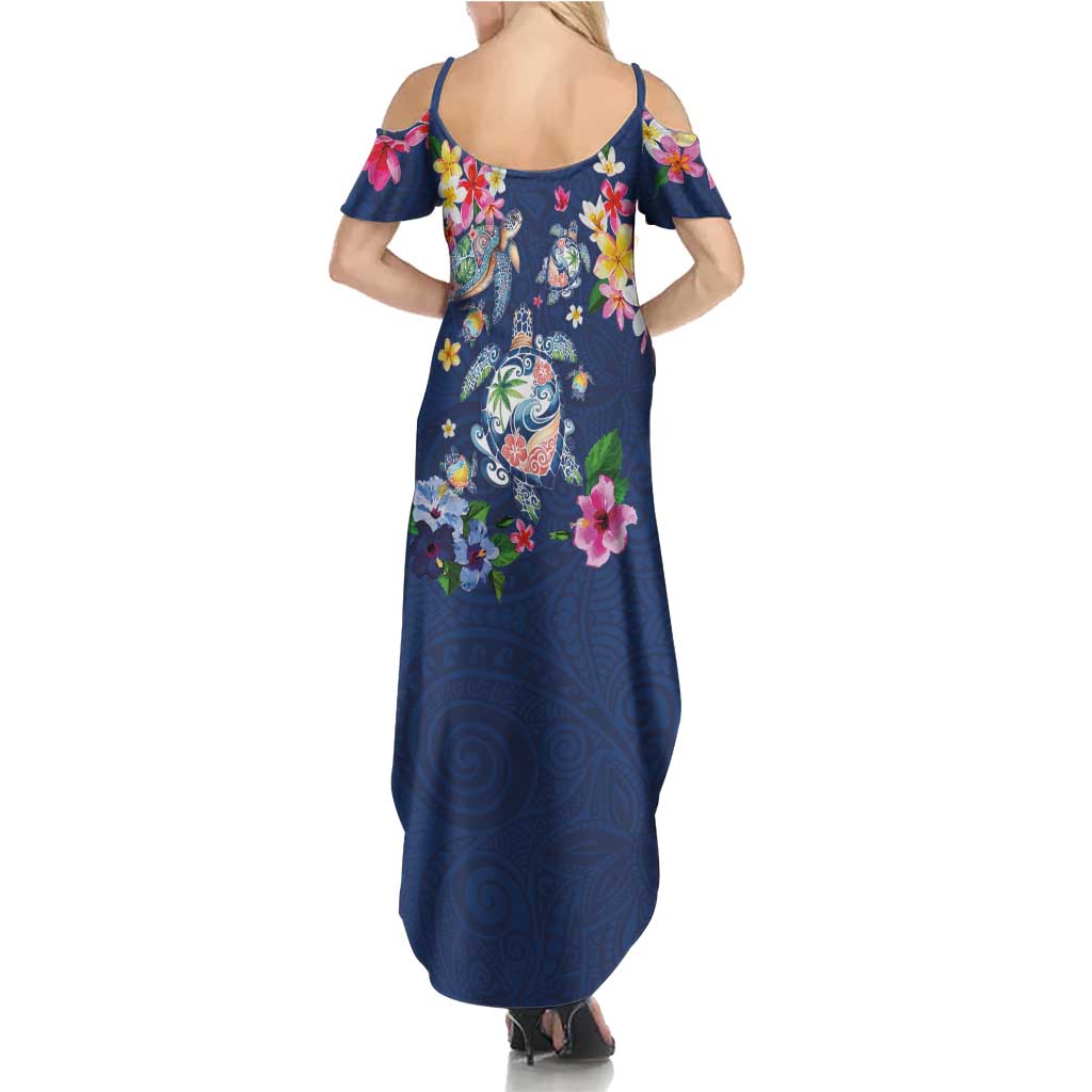 Hawaiian Turtles and Tropical Plants Family Matching Summer Maxi Dress and Hawaiian Shirt Blue Watercolor LT03 - Polynesian Pride