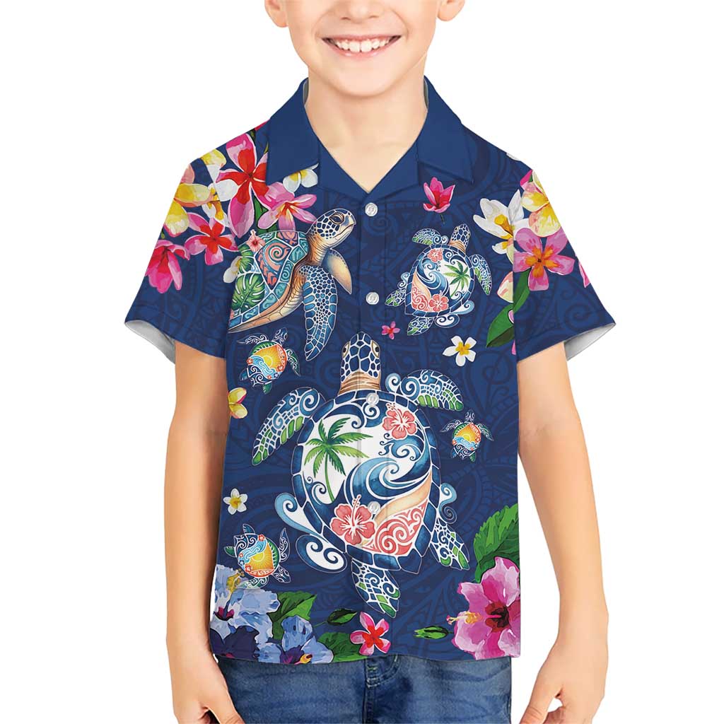 Hawaiian Turtles and Tropical Plants Family Matching Summer Maxi Dress and Hawaiian Shirt Blue Watercolor LT03 Son's Shirt Blue - Polynesian Pride