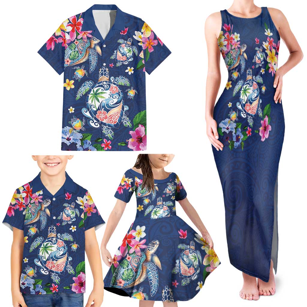 Hawaiian Turtles and Tropical Plants Family Matching Tank Maxi Dress and Hawaiian Shirt Blue Watercolor LT03 - Polynesian Pride