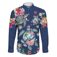 Hawaiian Turtles and Tropical Plants Family Matching Tank Maxi Dress and Hawaiian Shirt Blue Watercolor LT03 Dad's Shirt - Long Sleeve Blue - Polynesian Pride