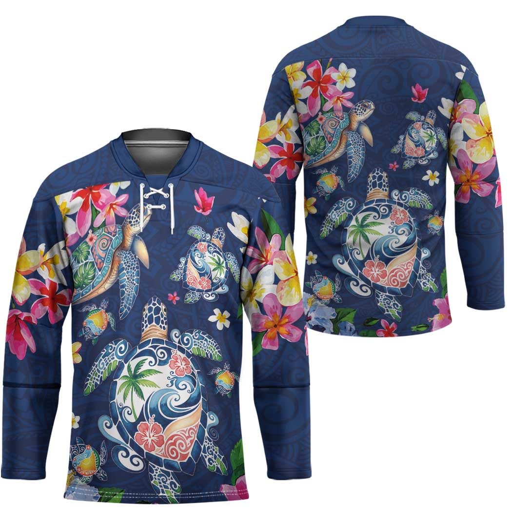 Hawaiian Turtles and Tropical Plants Hockey Jersey Blue Watercolor