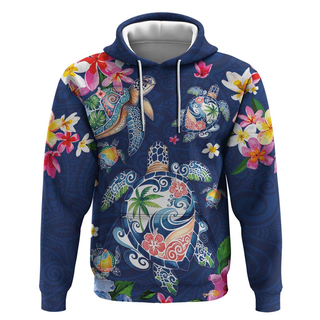 Hawaiian Turtles and Tropical Plants Hoodie Blue Watercolor