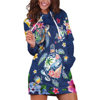 Hawaiian Turtles and Tropical Plants Hoodie Dress Blue Watercolor LT03 Blue - Polynesian Pride