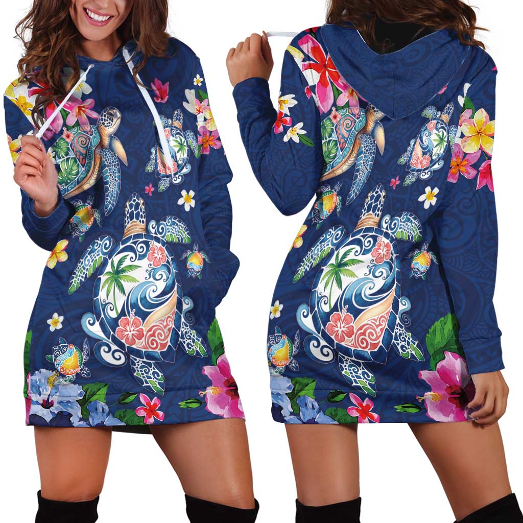 Hawaiian Turtles and Tropical Plants Hoodie Dress Blue Watercolor LT03 - Polynesian Pride
