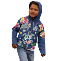 Hawaiian Turtles and Tropical Plants Kid Hoodie Blue Watercolor