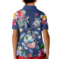 Hawaiian Turtles and Tropical Plants Kid Polo Shirt Blue Watercolor