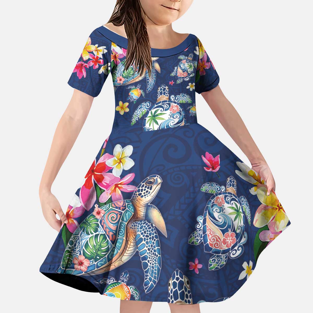 Hawaiian Turtles and Tropical Plants Kid Short Sleeve Dress Blue Watercolor