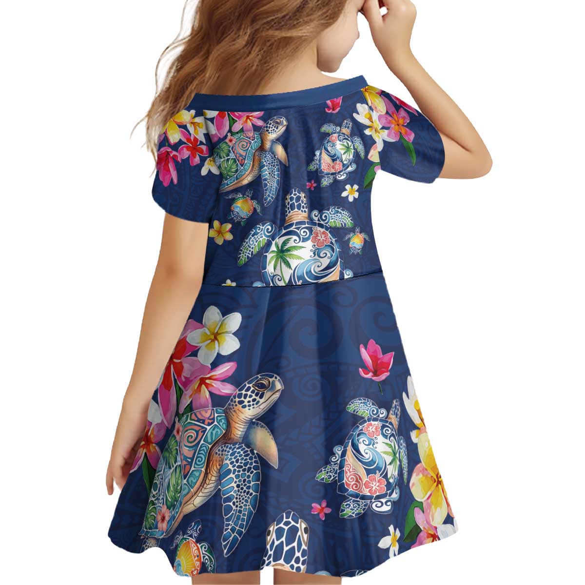 Hawaiian Turtles and Tropical Plants Kid Short Sleeve Dress Blue Watercolor