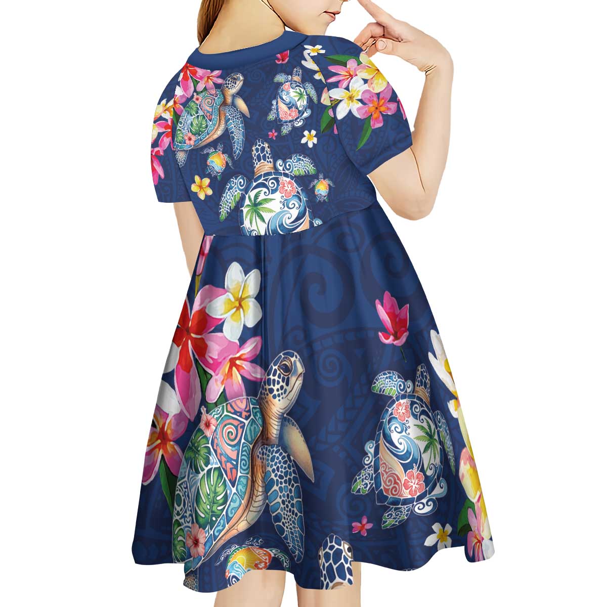 Hawaiian Turtles and Tropical Plants Kid Short Sleeve Dress Blue Watercolor