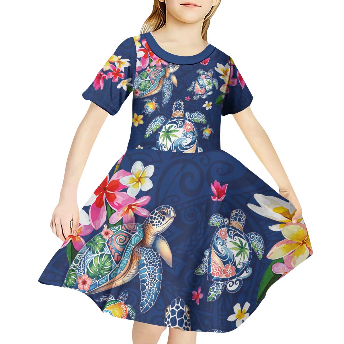 Hawaiian Turtles and Tropical Plants Kid Short Sleeve Dress Blue Watercolor