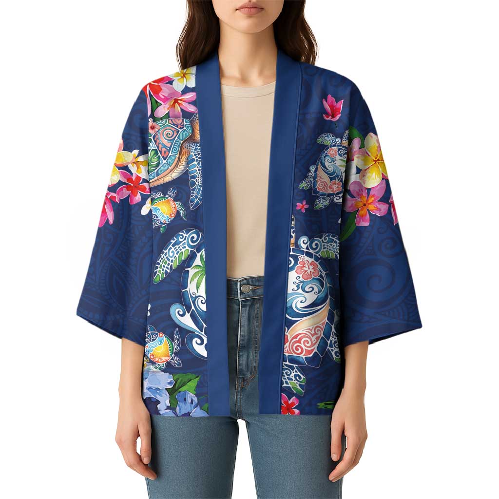 Hawaiian Turtles and Tropical Plants Kimono Blue Watercolor