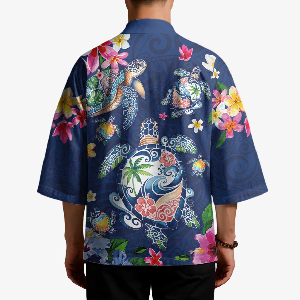 Hawaiian Turtles and Tropical Plants Kimono Blue Watercolor