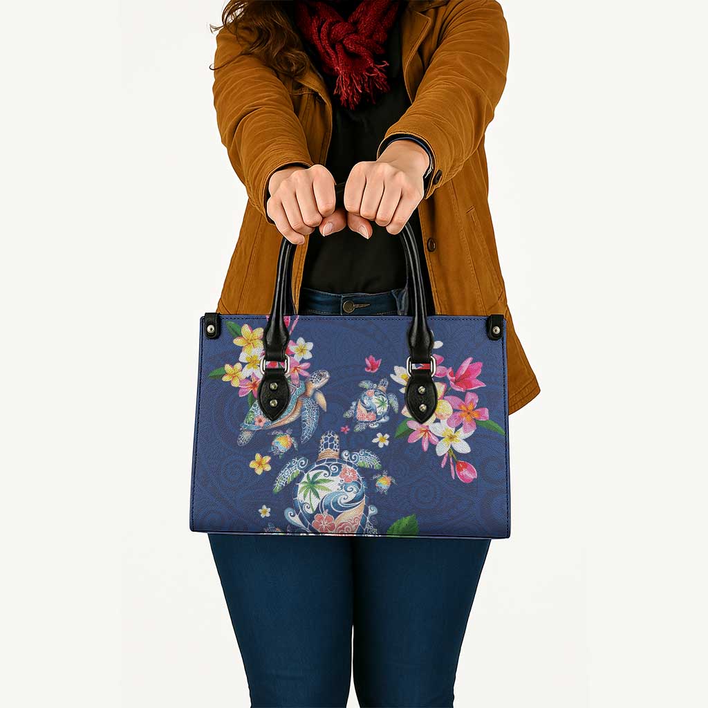 Hawaiian Turtles and Tropical Plants Leather Bag Blue Watercolor