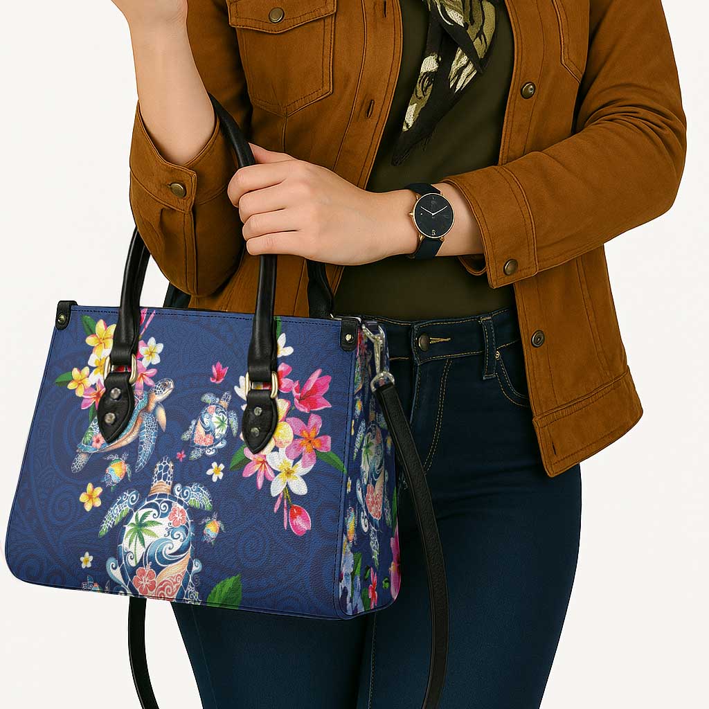 Hawaiian Turtles and Tropical Plants Leather Bag Blue Watercolor