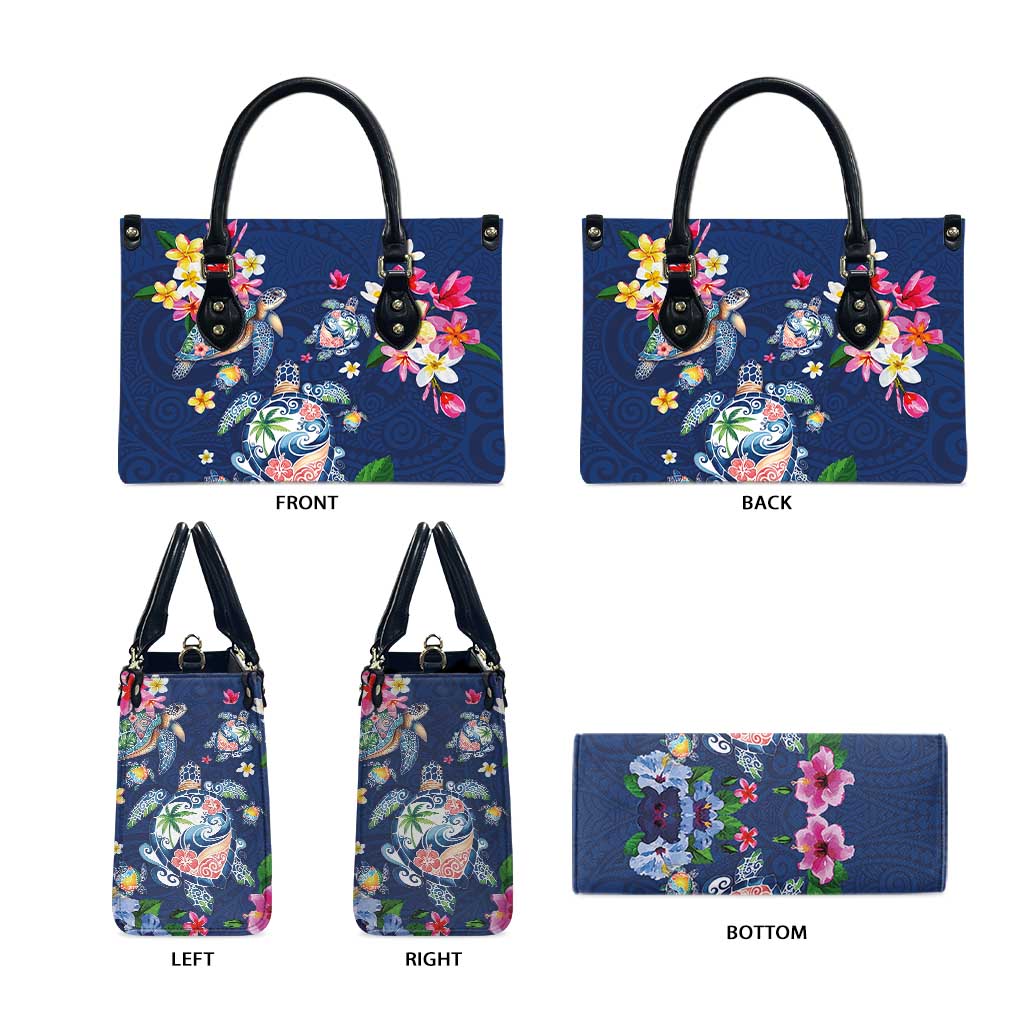 Hawaiian Turtles and Tropical Plants Leather Bag Blue Watercolor