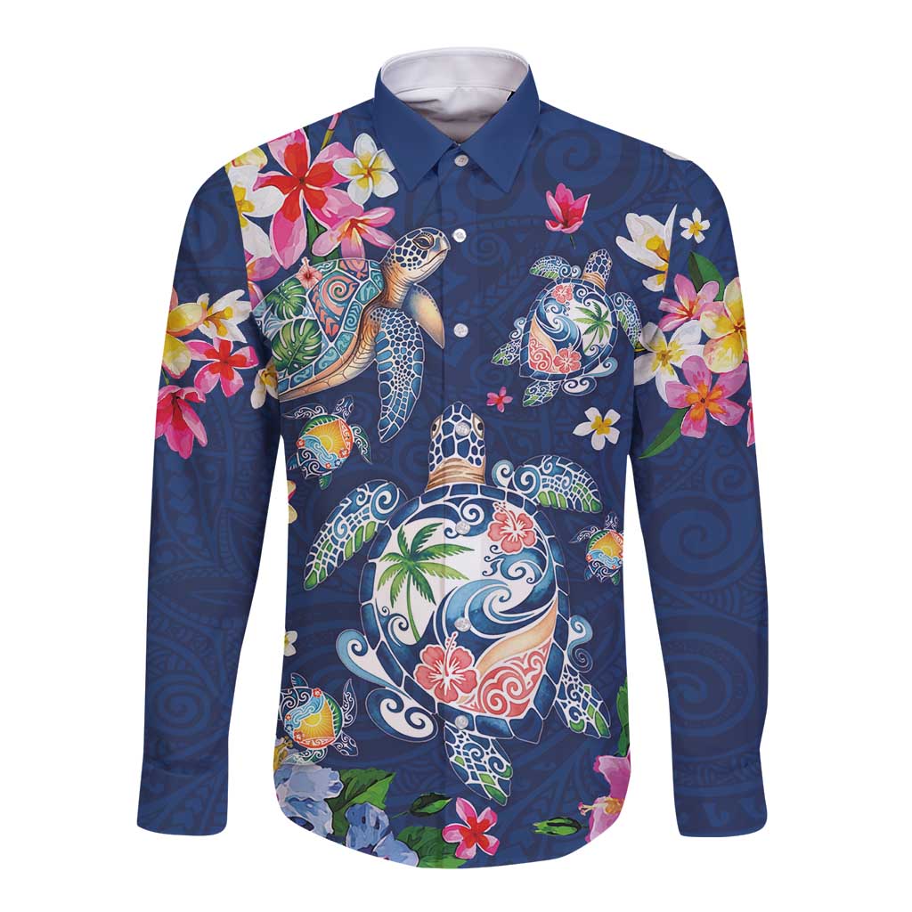 Hawaiian Turtles and Tropical Plants Long Sleeve Button Shirt Blue Watercolor