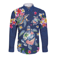 Hawaiian Turtles and Tropical Plants Long Sleeve Button Shirt Blue Watercolor