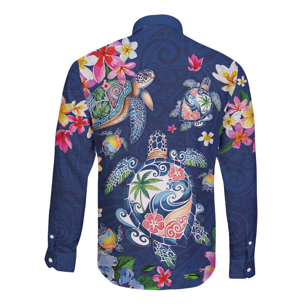 Hawaiian Turtles and Tropical Plants Long Sleeve Button Shirt Blue Watercolor