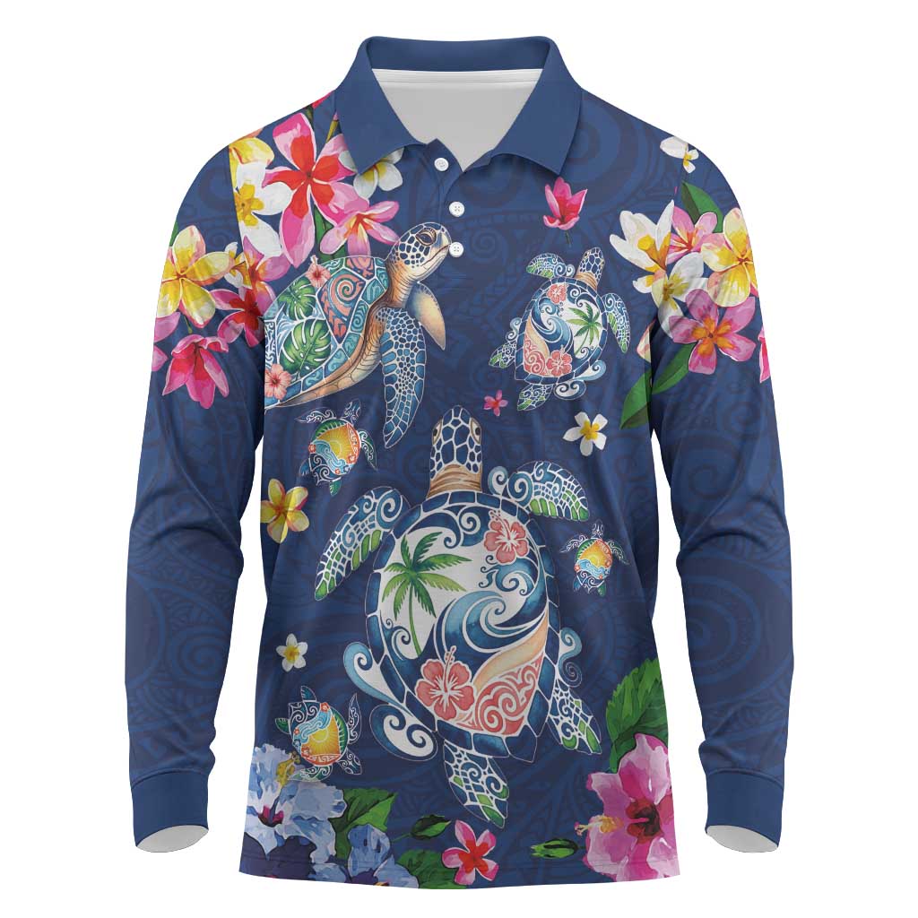 Hawaiian Turtles and Tropical Plants Long Sleeve Polo Shirt Blue Watercolor