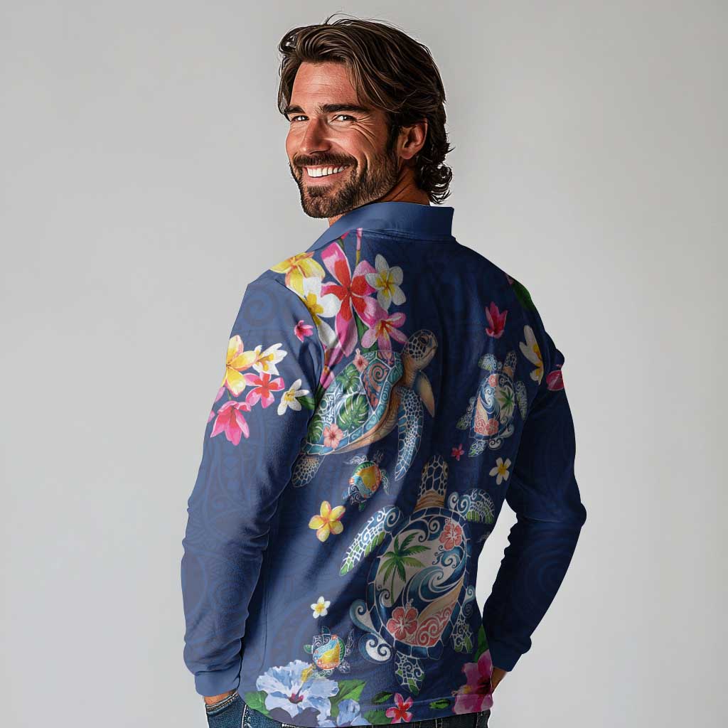Hawaiian Turtles and Tropical Plants Long Sleeve Polo Shirt Blue Watercolor