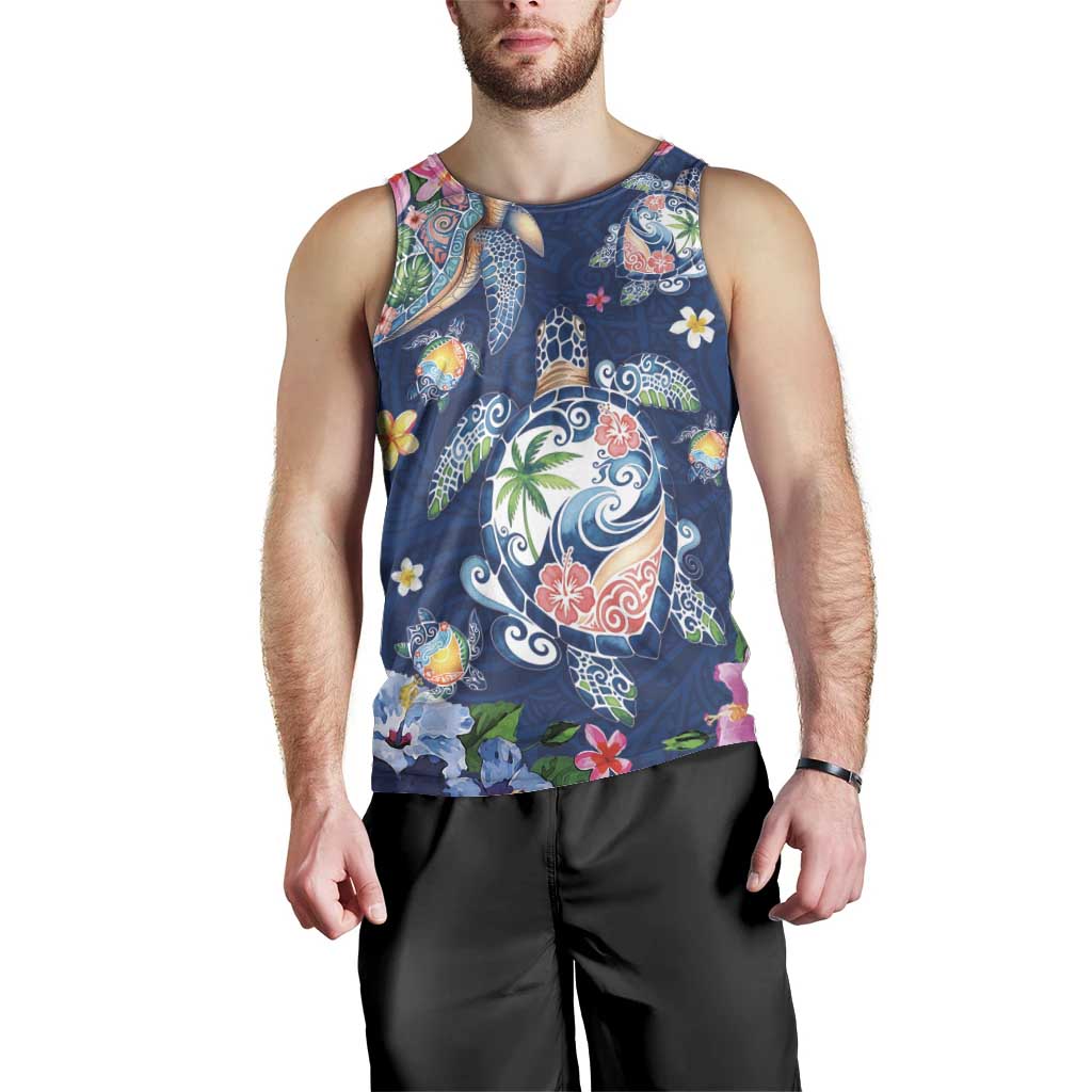 Hawaiian Turtles and Tropical Plants Men Tank Top Blue Watercolor