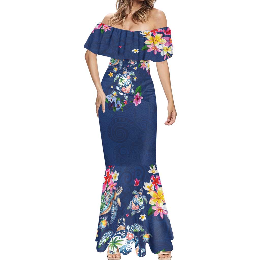 Hawaiian Turtles and Tropical Plants Mermaid Dress Blue Watercolor