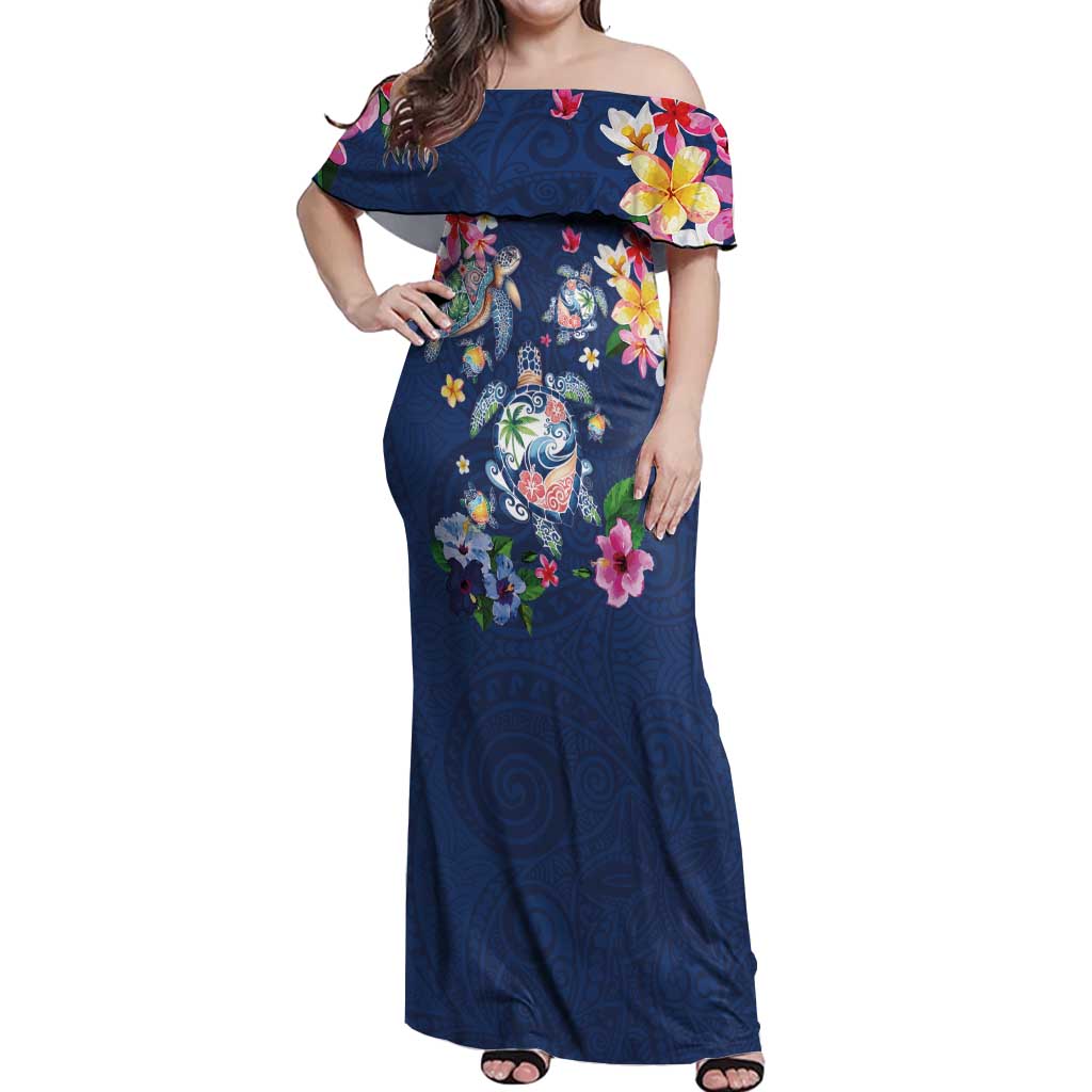 Hawaiian Turtles and Tropical Plants Off Shoulder Maxi Dress Blue Watercolor LT03 Women Blue - Polynesian Pride